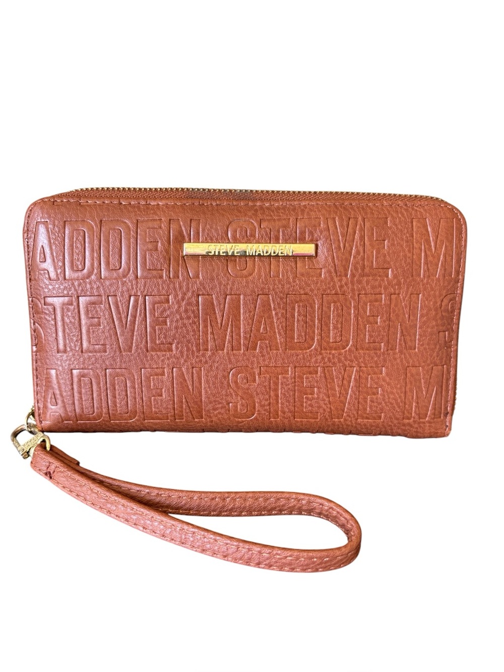 Steve Madden Brown Cognac Zippered Faux Leather Wristlet Wallet